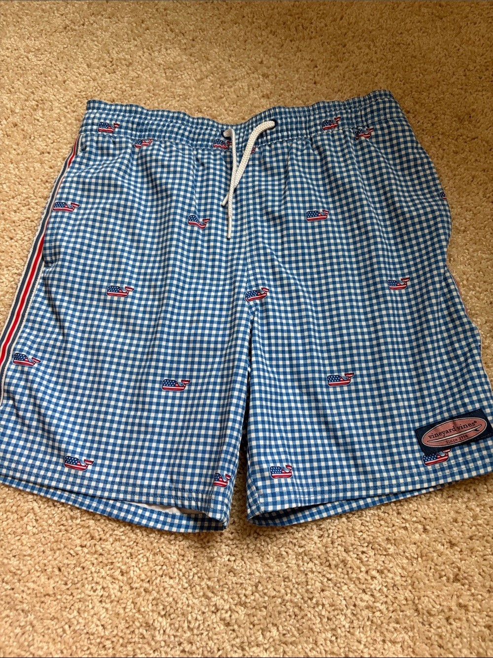 Vineyard Vines Blue Gingham Swim Trunks with Red-White Whale Motif